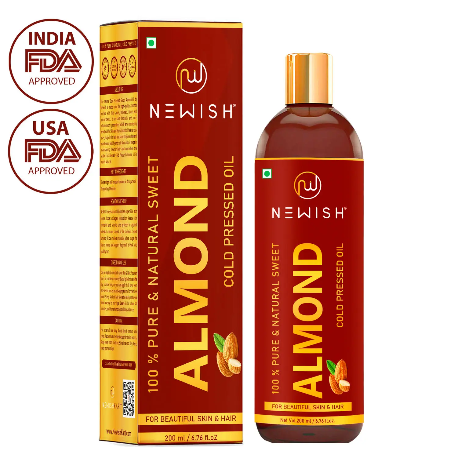 Newish Pure Cold Pressed Sweet Almond Oil for Hair and Skin (200 ml)