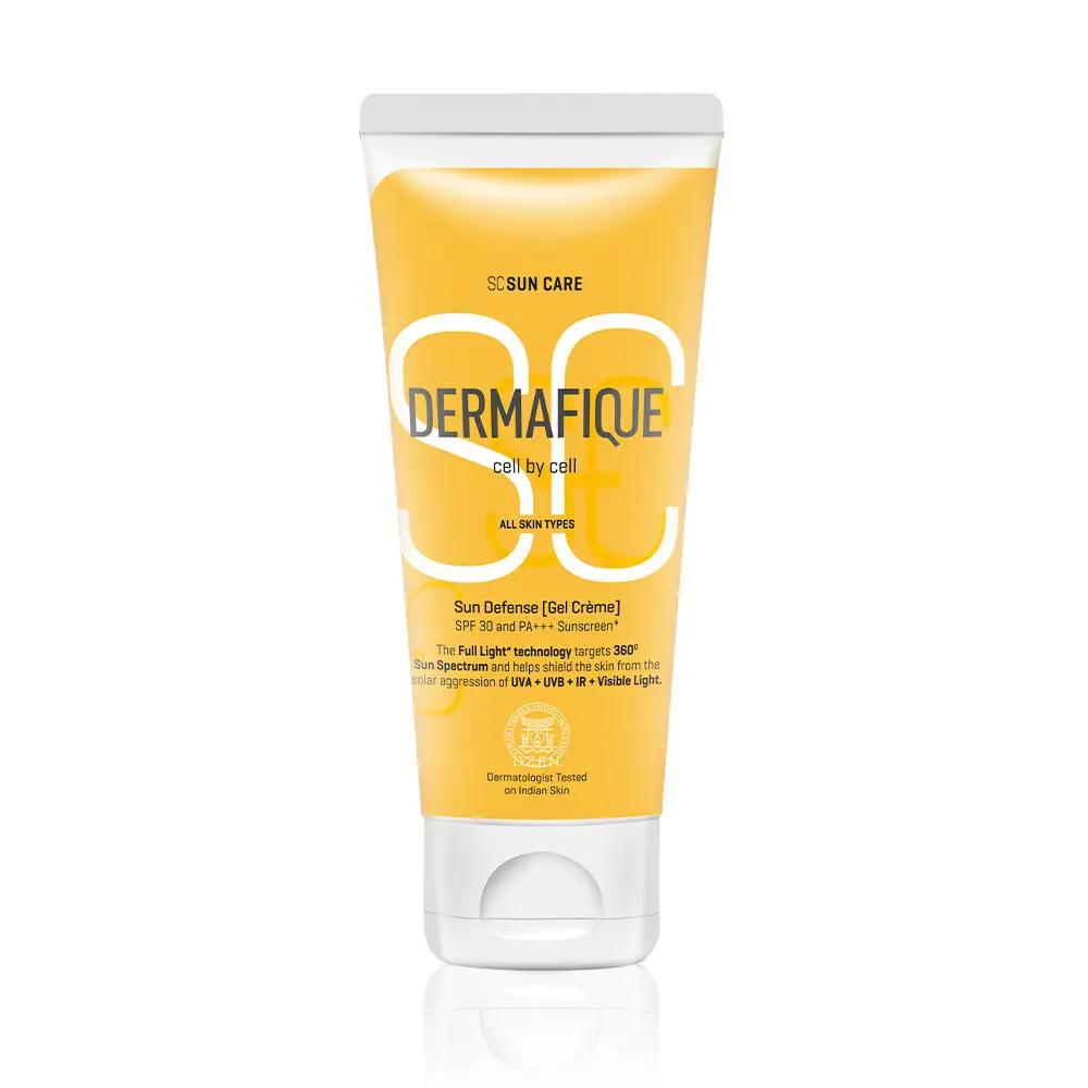 Dermafique Sun Defense Gel Creme SPF 30 Sunscreen, for All Skin Types, Prevents tanning and pigmentation, Targets UVA, UVB, Infra-red and Visible Light, , Lightweight & Non-sticky, Dermatologist Tested, No Paraben (50 g) 