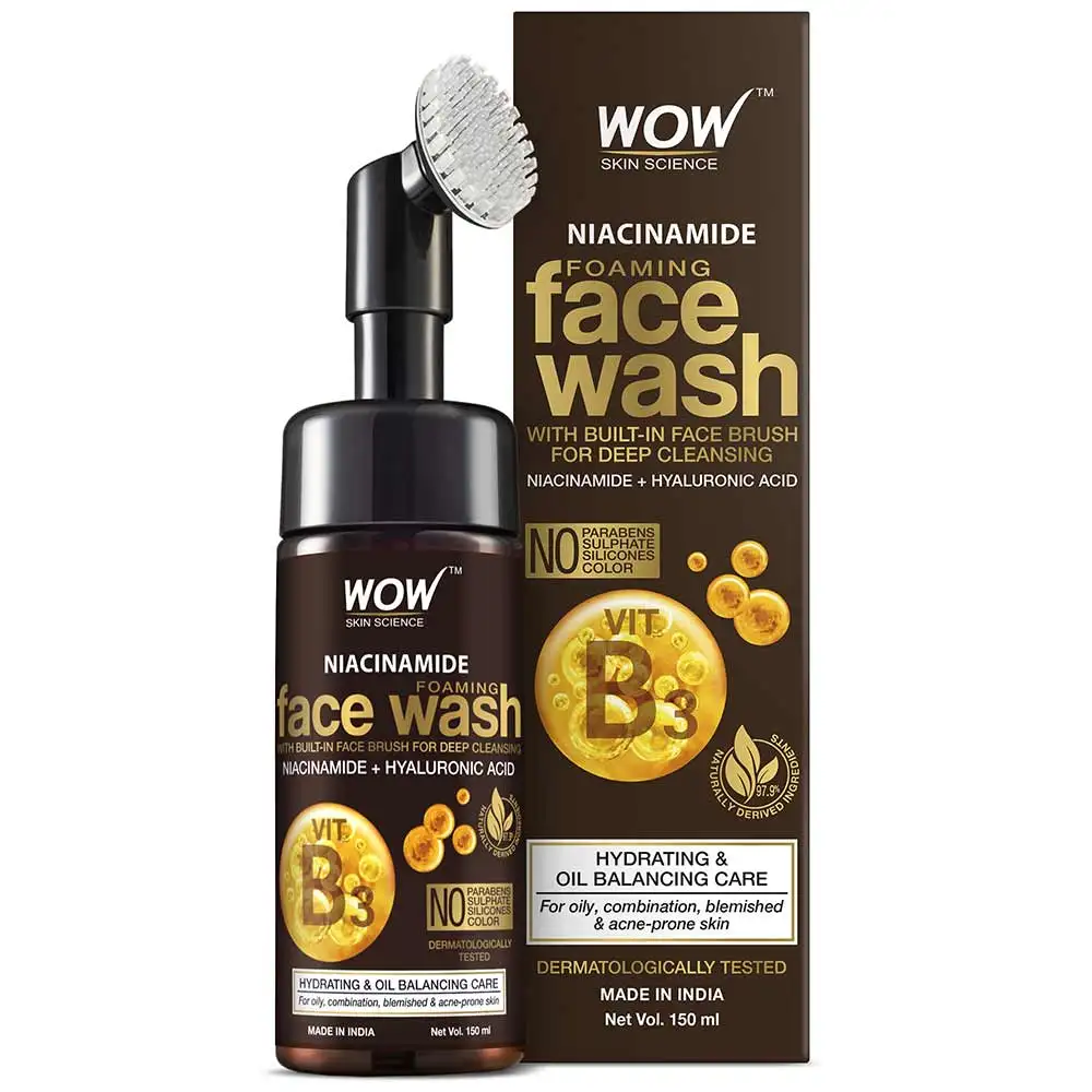 WOW Skin Science Niacinamide Foaming Face Wash,  150 ml  with Built-In Brush