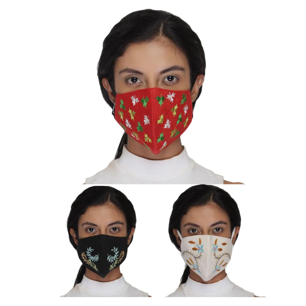 Anekaant Pack Of 3 Multicolor 3-Ply Reusable Cotton Embroidered Fabric Fashion Mask