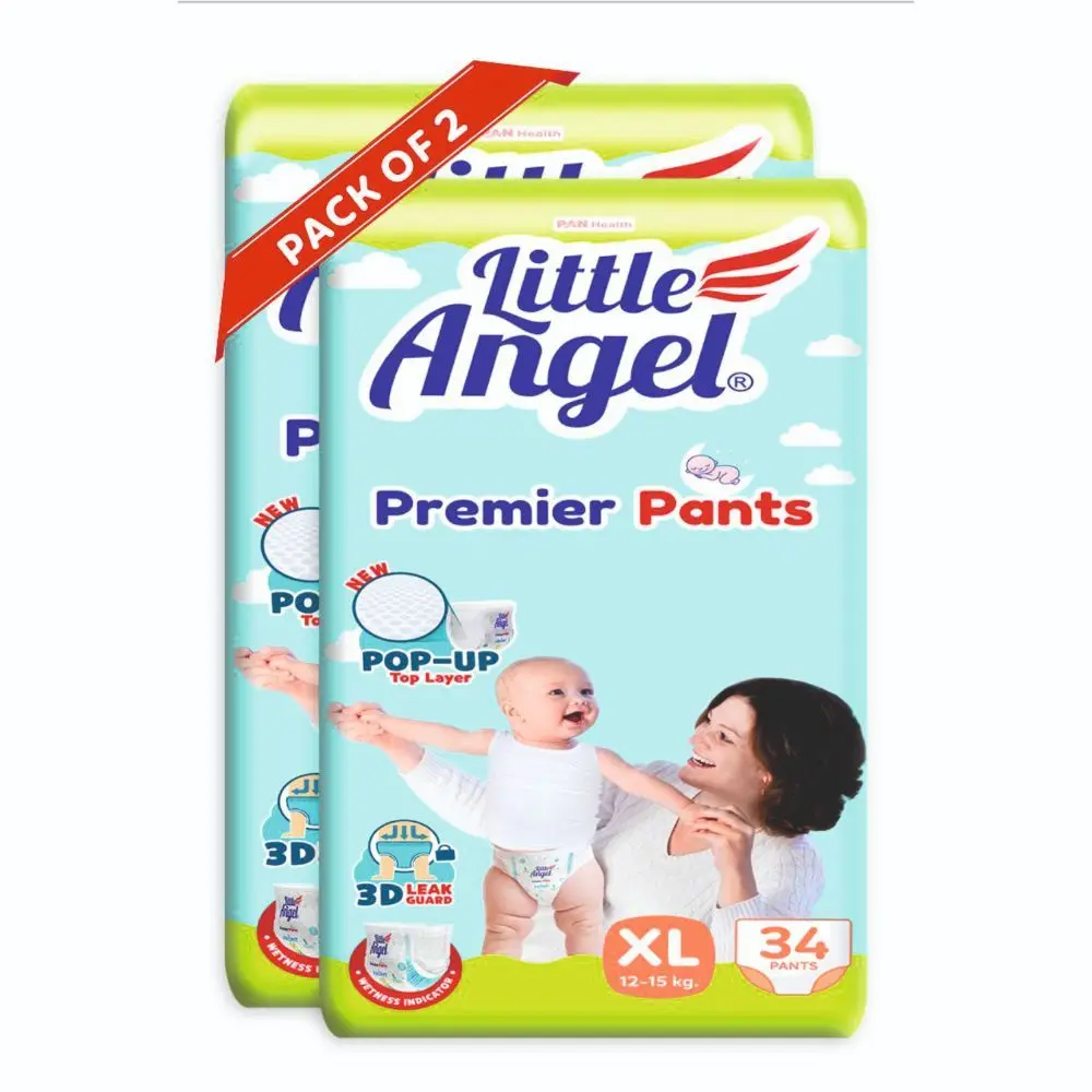 Little Angel Premier Pants Baby Diapers, Extra Large (XL) Size, 68 Count, Combo Pack of 2, 34 Count/pack with Wetness Indicator, 12-15 Kg