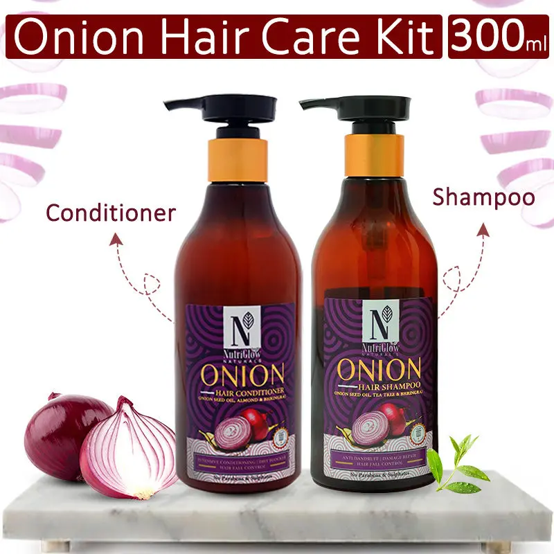 NutriGlow NATURAL'S Combo of 2 Onion Hair Shampoo (300ml) & Hair Conditioner (300ml) With Onion Seed Oil, Tea Tree & Bhringraj