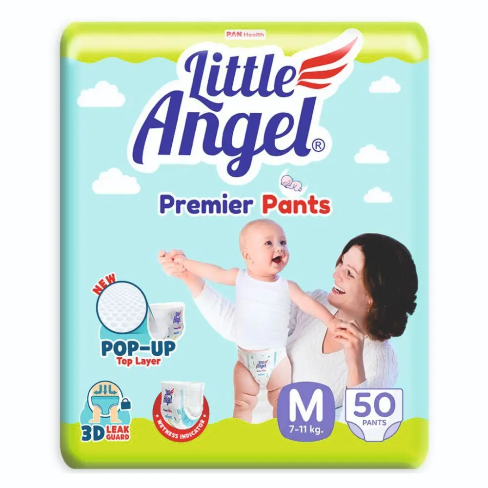 Little Angel Premier Pants Baby Diapers, Medium (M) Size, 50 Count with Wetness Indicator, 7-11 Kg