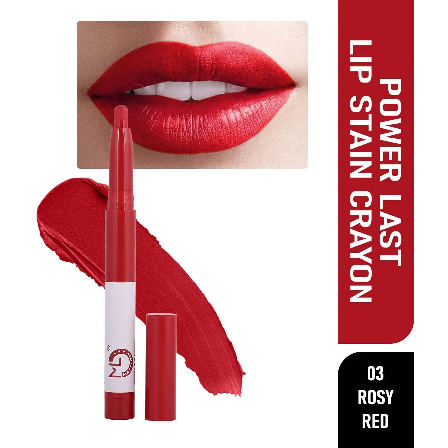 Matt look Power Last Lip Stain Crayon Lipstick, Rich Colour, Non Transfer, Mask Proof & Luxurious Creamy Matte, Rosy Red (1.3g)