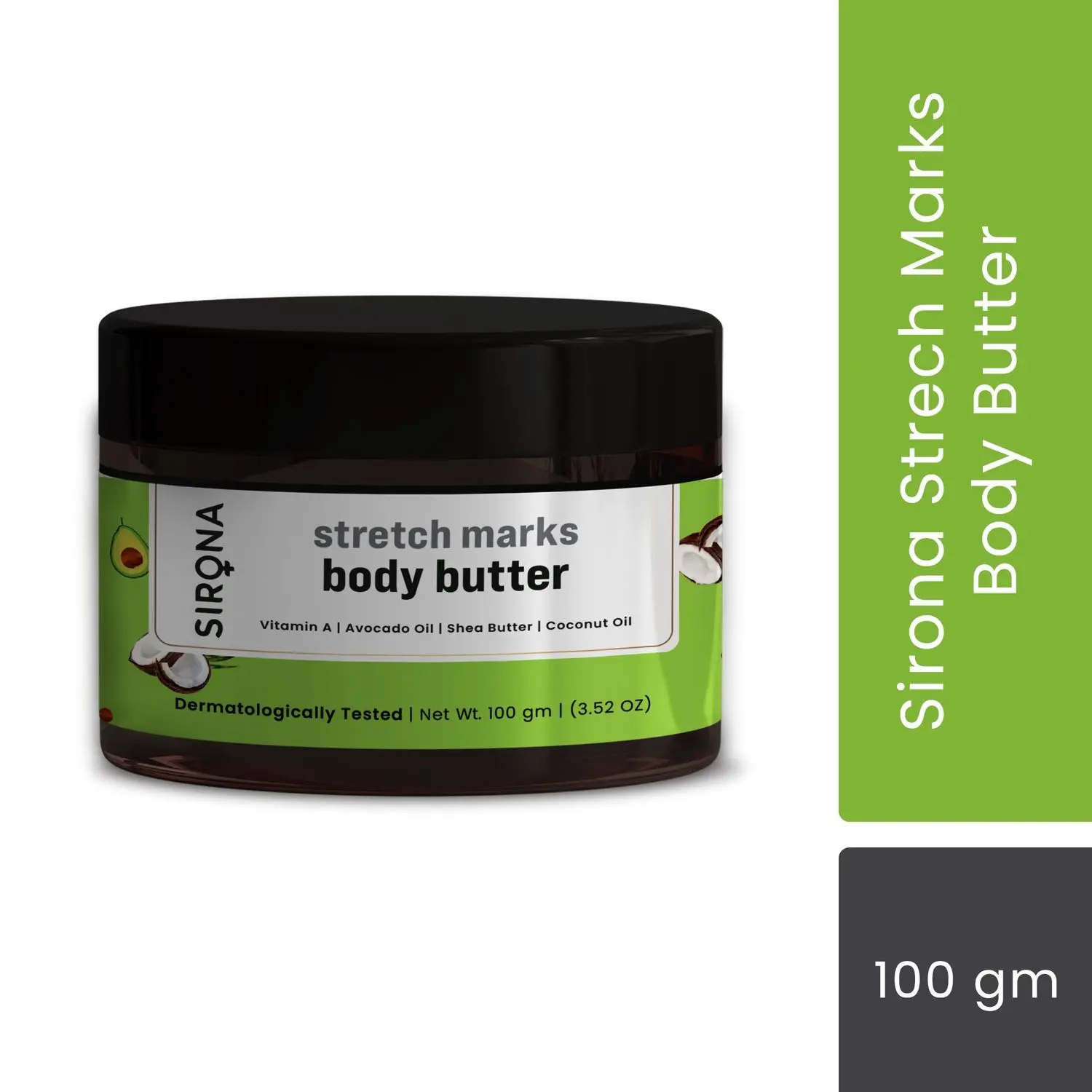 Sirona stretch marks Body Butter for Reduces Stretch Marks, Smoothes itchiness & prevents moisture loss with Vitamin A, Avocado Oil, Shea Butter & Coconut Oil - 100gm