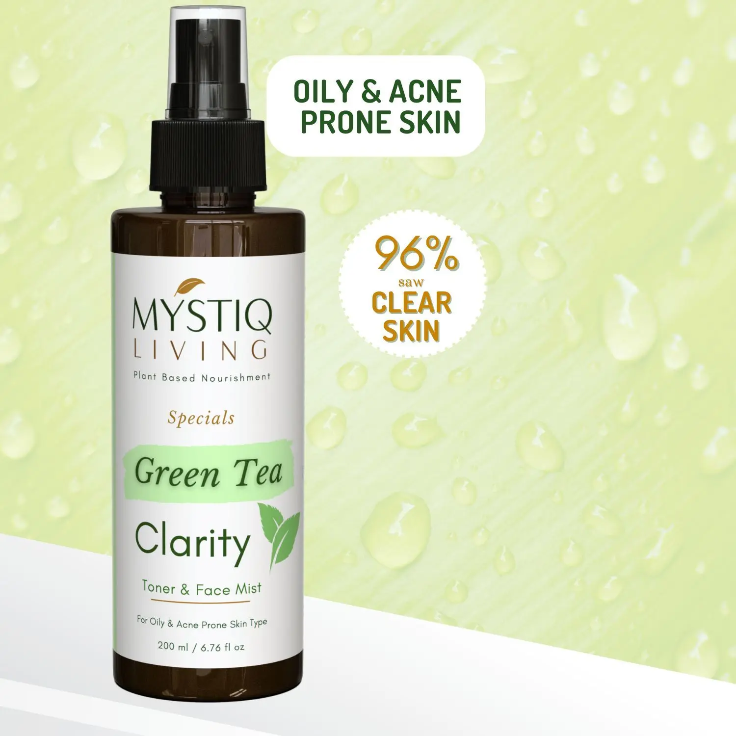 Mystiq Living Specials -Green Tea Clarity Face Toner & Mist|PoreTightening| Anti Acne|Toner for Oily & Acne Prone Skin|Deep Cleanses|Hydrates|Skin Clarifying Toner with Green Tea, Gotu Kola &Tea Tree|Pore Minimizing|Alcohol Free|Paraben Free-200 ML