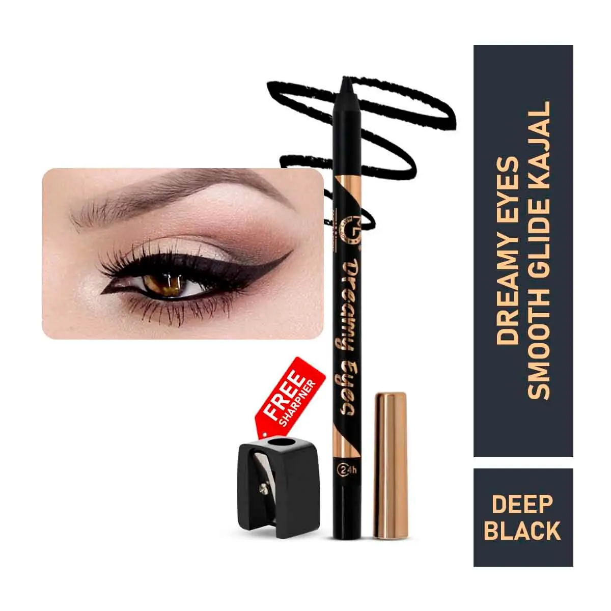 Mattlook Dreamy Eyes Smooth Glide Kajal, Smudgeproof Kajal 24H with Free Sharpener Inside, Easy to Apply Creamy Texture, Intense, Durable and Water Resistant Colour, Deep Black (1.3gm)