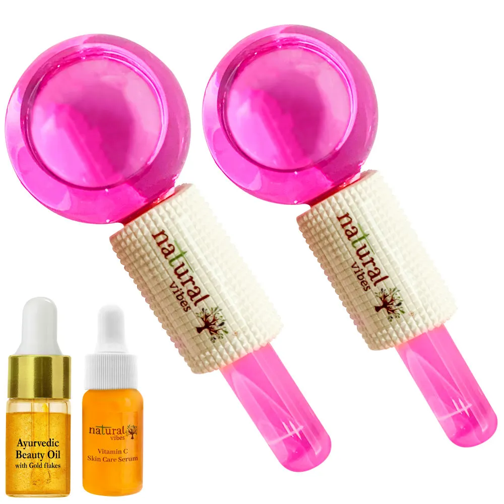 Natural Vibes Pink Ice Globes Facial Tool with Free Gold Beauty Elixir Oil & Vitamin C Serum