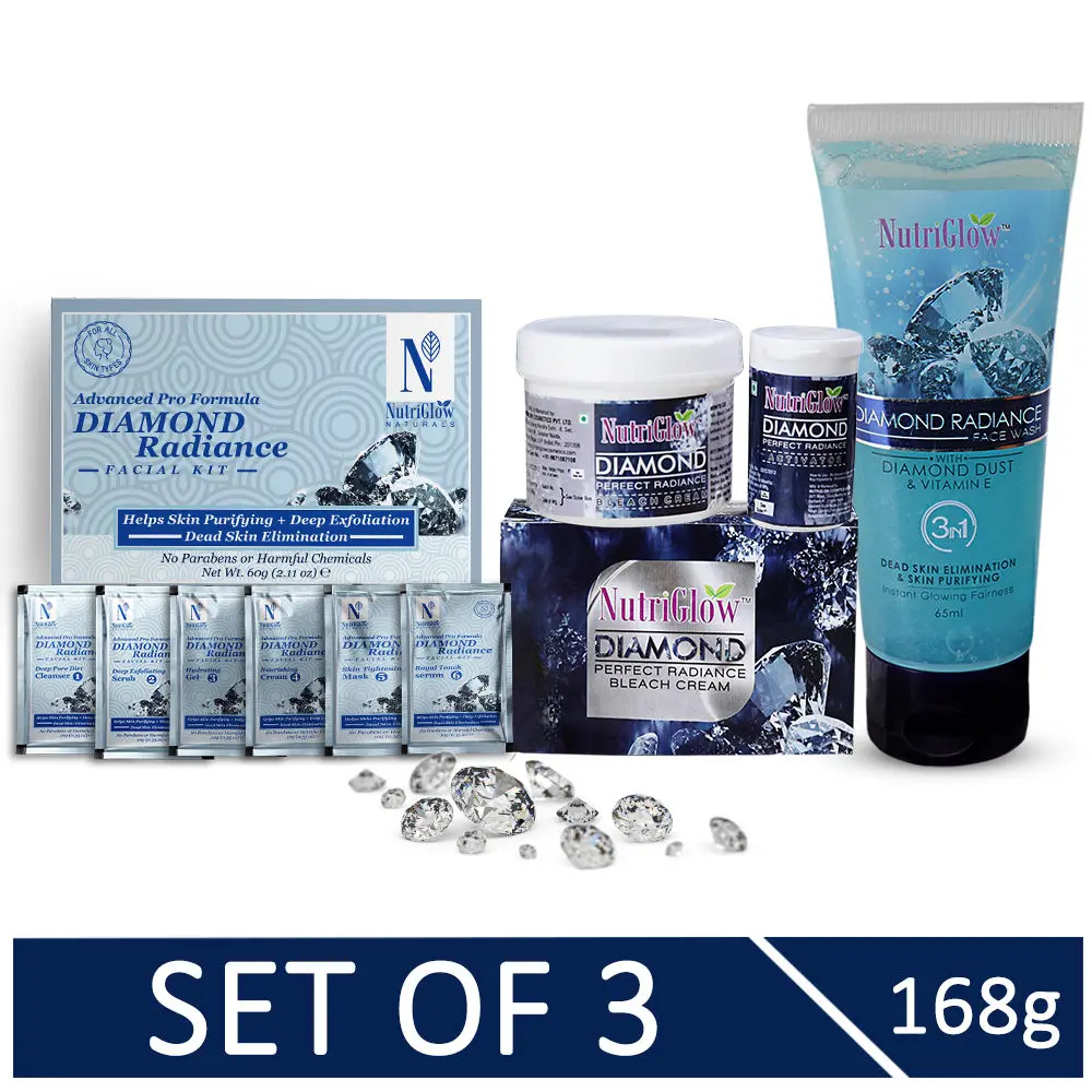 NutriGlow NATURALS'S Advanced Pro Formula Combo of 3 Diamond Radiance Facial Kit (60 gm)/ Bleach Cream (43 gm) & Face Wash (65 ml)