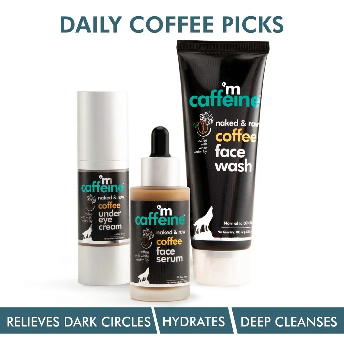 mCaffeine Daily Coffee Picks | Deep Cleanse, Sun Protection, Relieves Dark Circles | Face Wash, Face Serum, Under Eye Cream | All Skin | Paraben & Mineral Oil Free 170 ml