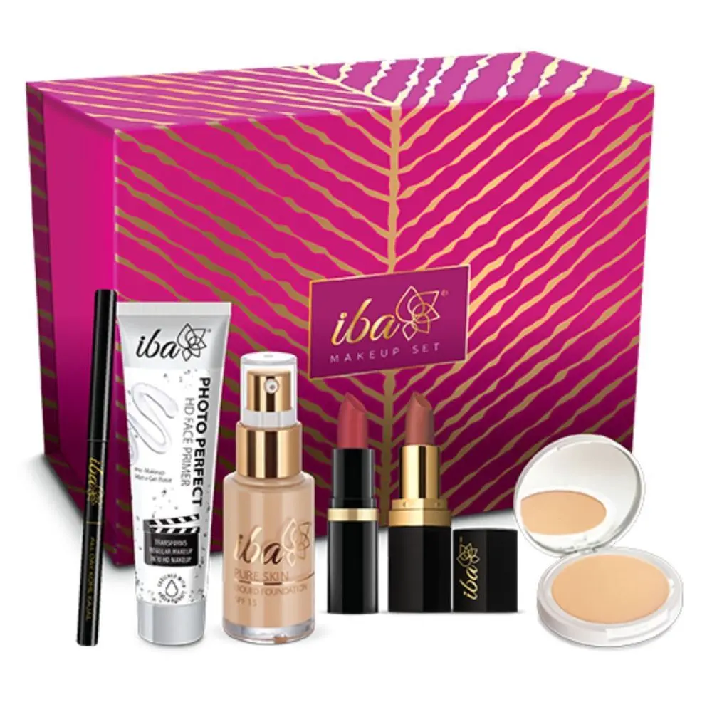 Iba Makeup Gift Set for Women (Medium) - Foundation, Compact, Primer, Lipsticks, Kajal | Long Lasting | Full Coverage | 100% Vegan & Cruelty-Free (6 items in the set)