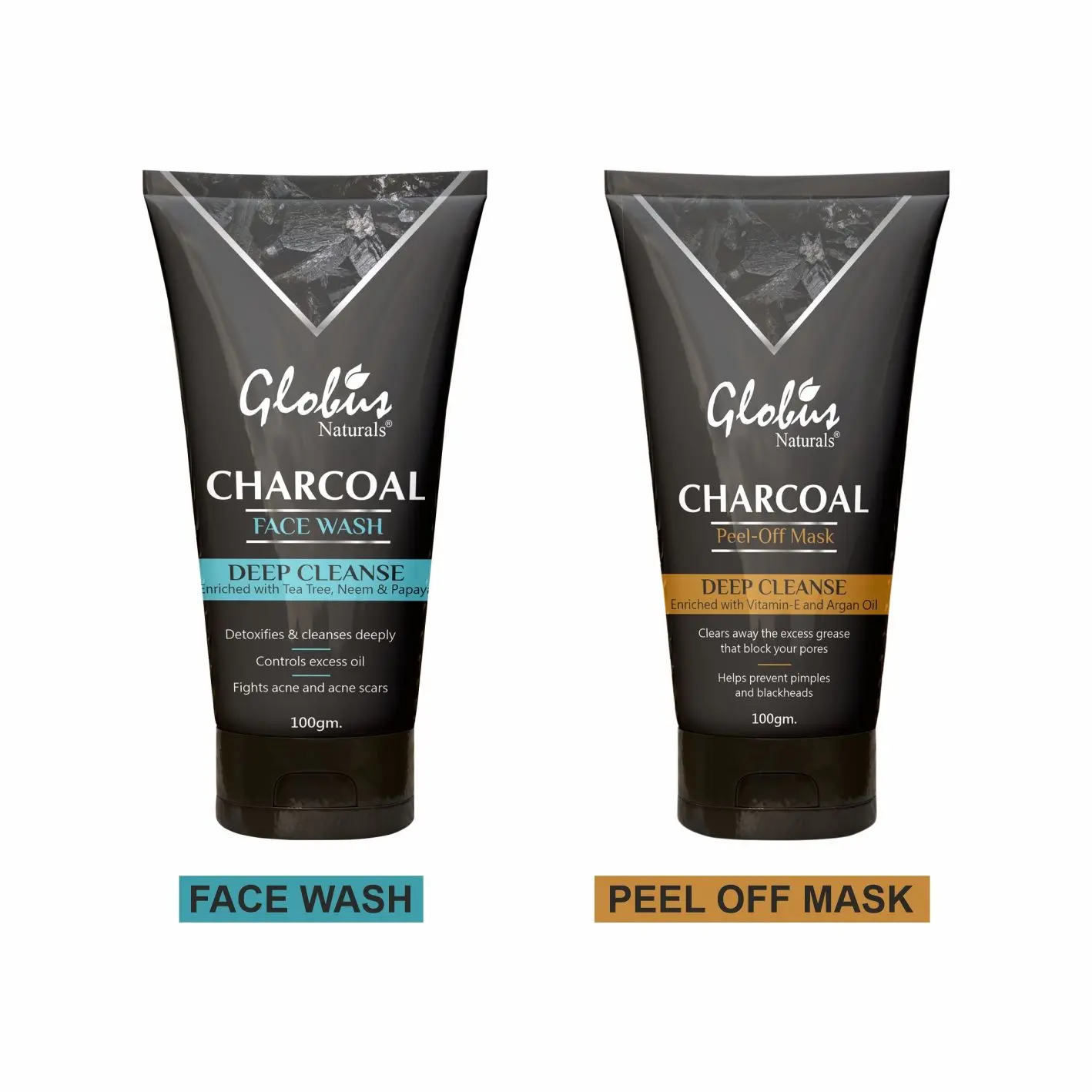 Globus Naturals Charcoal Detoxifying Combo Kit for Exfoliation, Anti-acne & Pimples, Blackhead Removal for Men & Women| Face Wash & Peel Off Mask (2 Items in the set)