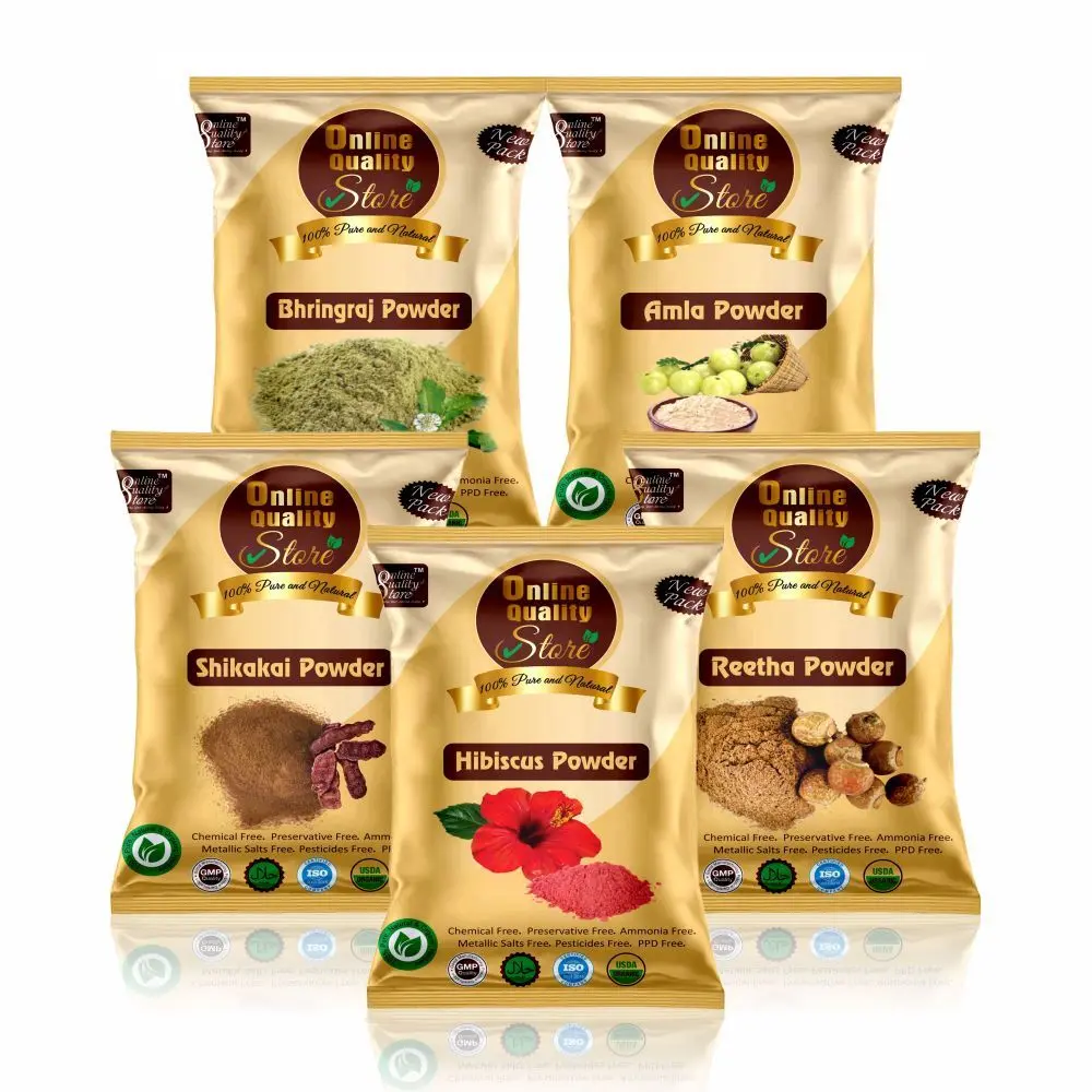 Online Quality Store Amla Reetha Shikakai, Bhringraj and Hibiscus Powder for Hair |Aritha|Ritha|Soapnuts|Hibiscus /gudhal powder/gudhal fool (Pack of 5 ,50g each , 250g Pack){hib_ala_rt_sika_bri_200}