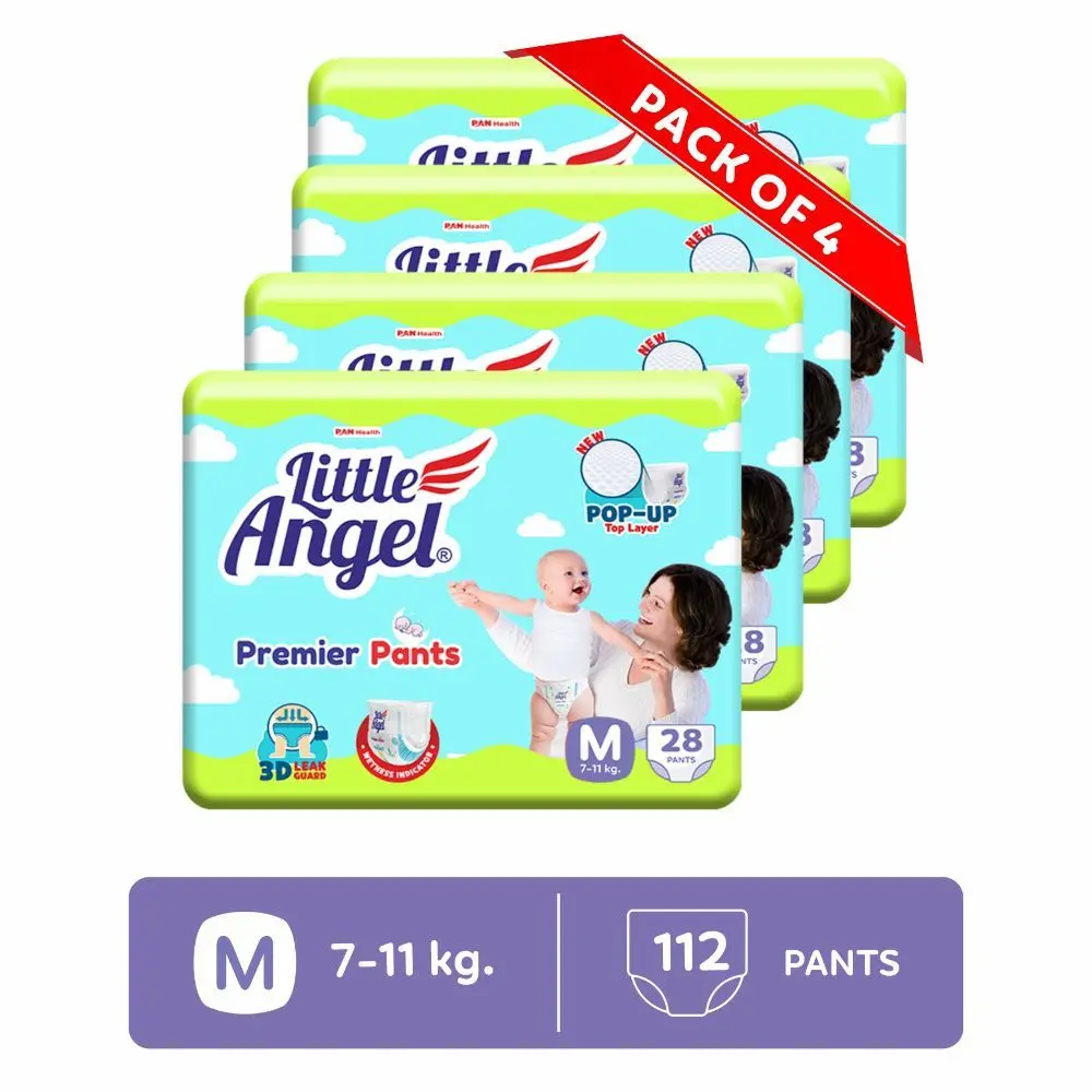 Little Angel Premier Pants Baby Diapers, Medium (M) Size, 112 Count, Combo Pack of 4, 28 Count/pack with Wetness Indicator, 7-11 Kg