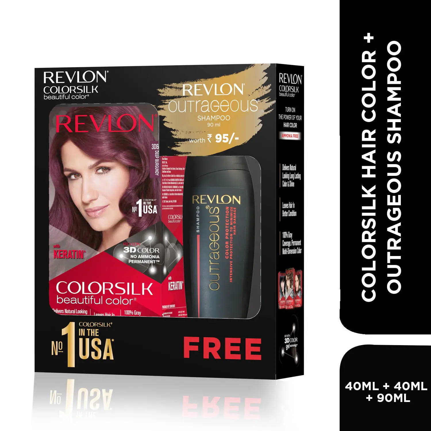 Revlon ColorSilk Hair Color with Keratin - 3DB Deep Burgundy - (with Outrageous Shampoo 90 ml)