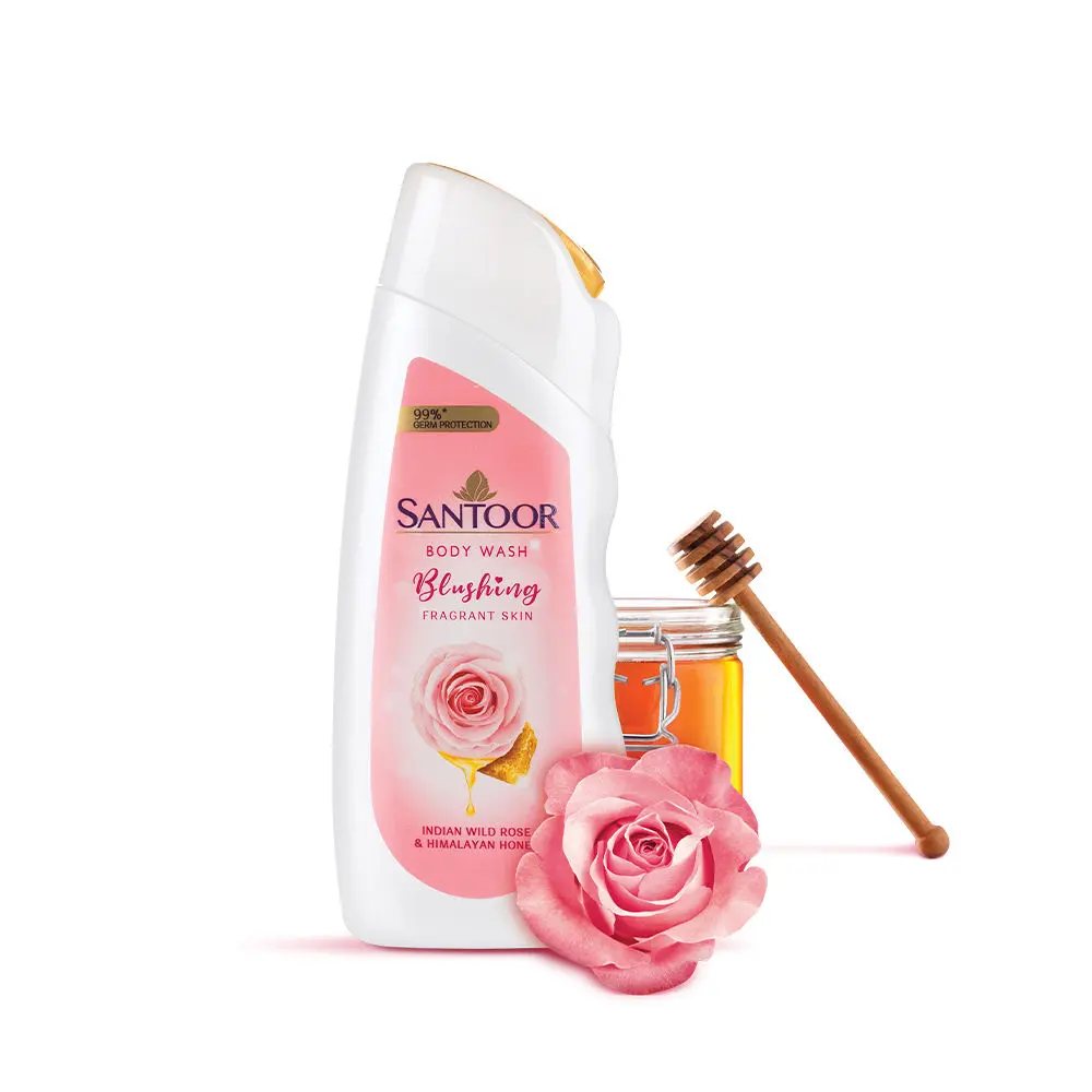 Santoor Blushing Skin Body Wash, 230ml, Enriched With Indian Wild Rose & Himalayan Honey, Soap-Free, Paraben-Free, pH Balanced Shower Gel