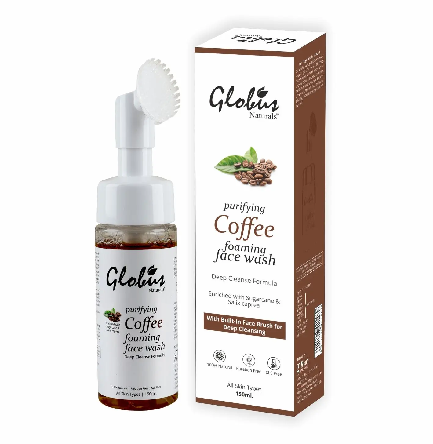 Globus Naturals Coffee Brightening Foaming Face Wash with Silicon Face Massage Brush (150 ml)