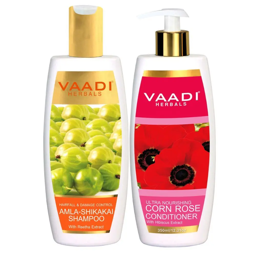 Vaadi Herbals Amla Shikaki Shampoo - Hairfall & Damage Control with Corn Rose Conditioner (350 ml x 2)