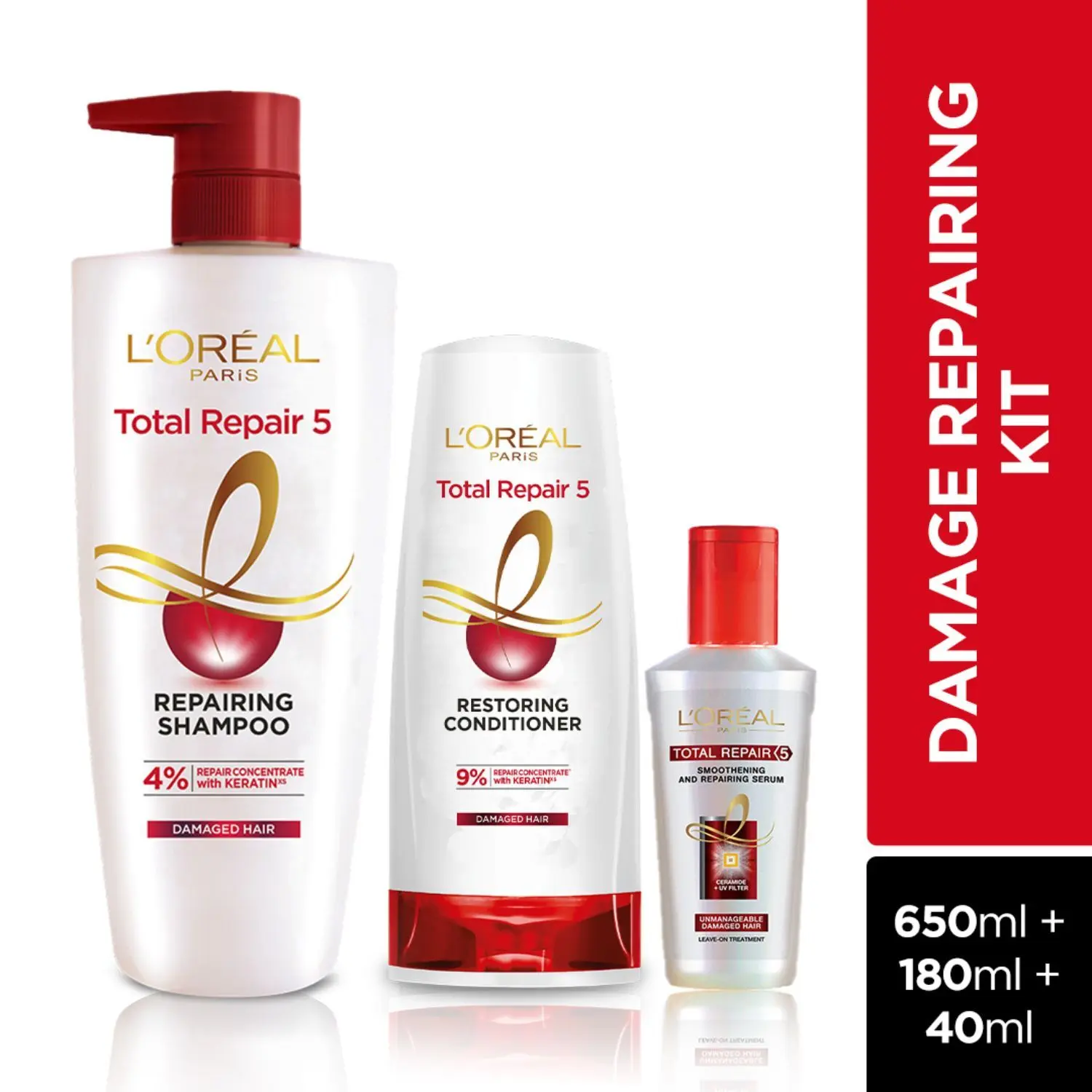 L'Oreal Paris Total Repair 5 Combo (Total Repair Shampoo, 650 ml + Total Repair Conditioner, 180 ml + Total Repair Serum, 40ml)