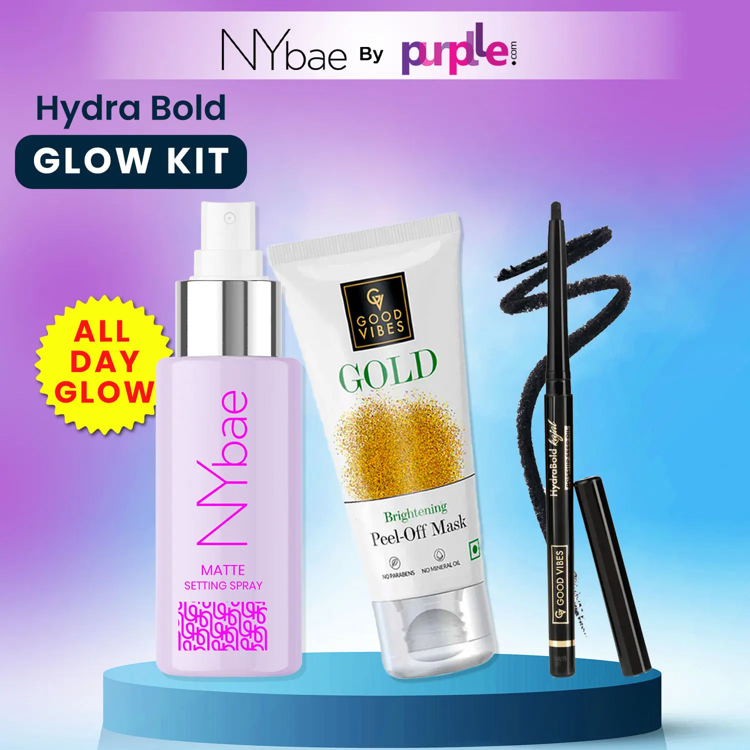 Hydra Bold Glow Kit | Good Vibes Gold Brightening Peel Off Mask | Good Vibes Hydra Bold Kajal | NYbae Matte Setting Spray | Korean Glow