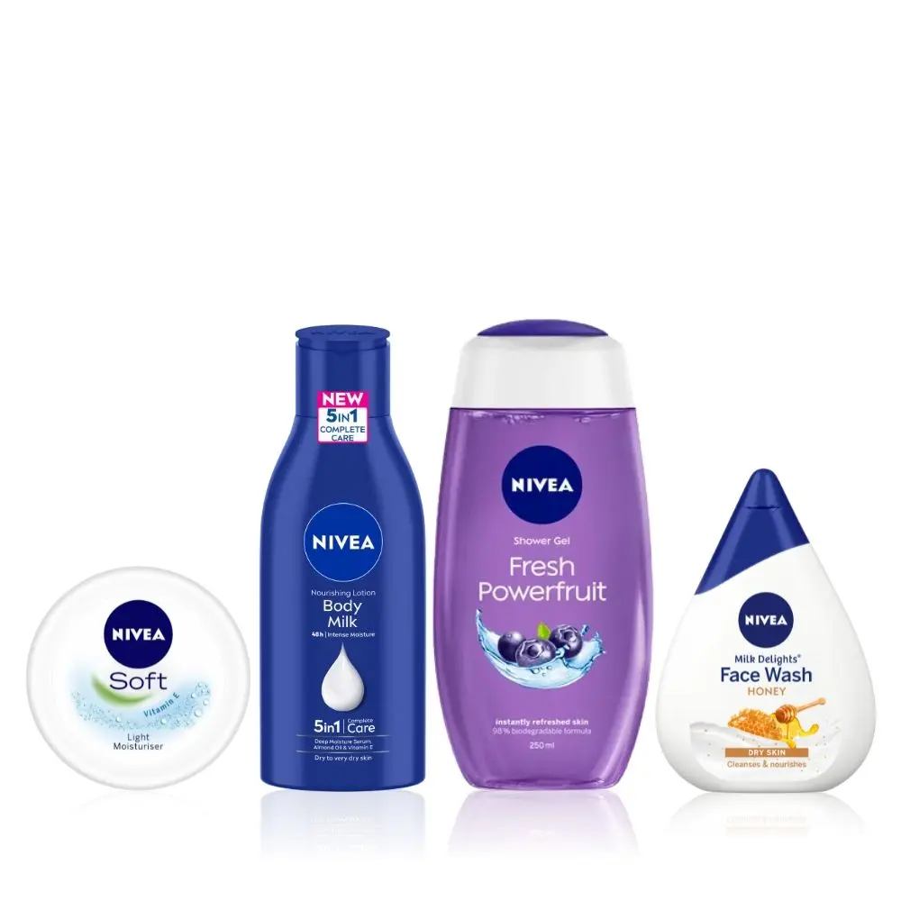 NIVEA Refresh & Revive Skin Combo 4(Powerfruit Fresh Shower Gel(250ml)+Moisturizing Honey Face Wash(100ml)+Almond Oil Body Lotion(120ml)+Soft Moisturising Cream(50ml))