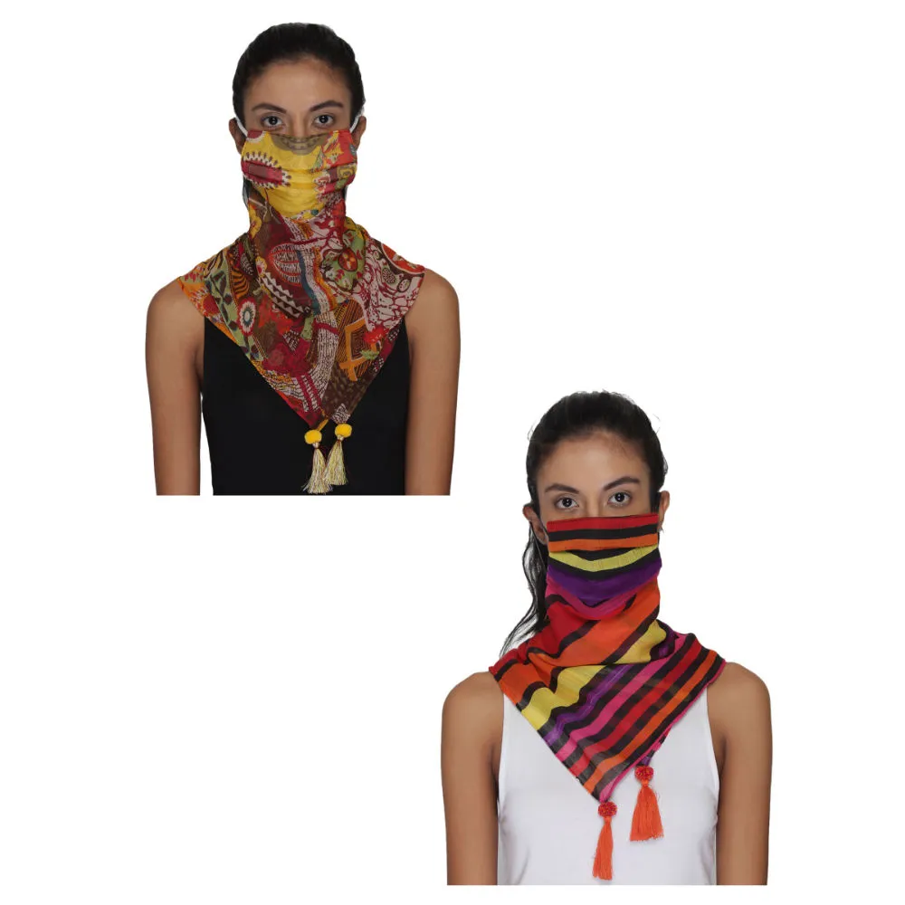 Anekaant Pack Of 2 Multicolor 3-Ply Reusable Printed Tasselled Scarf Style Fashion Mask