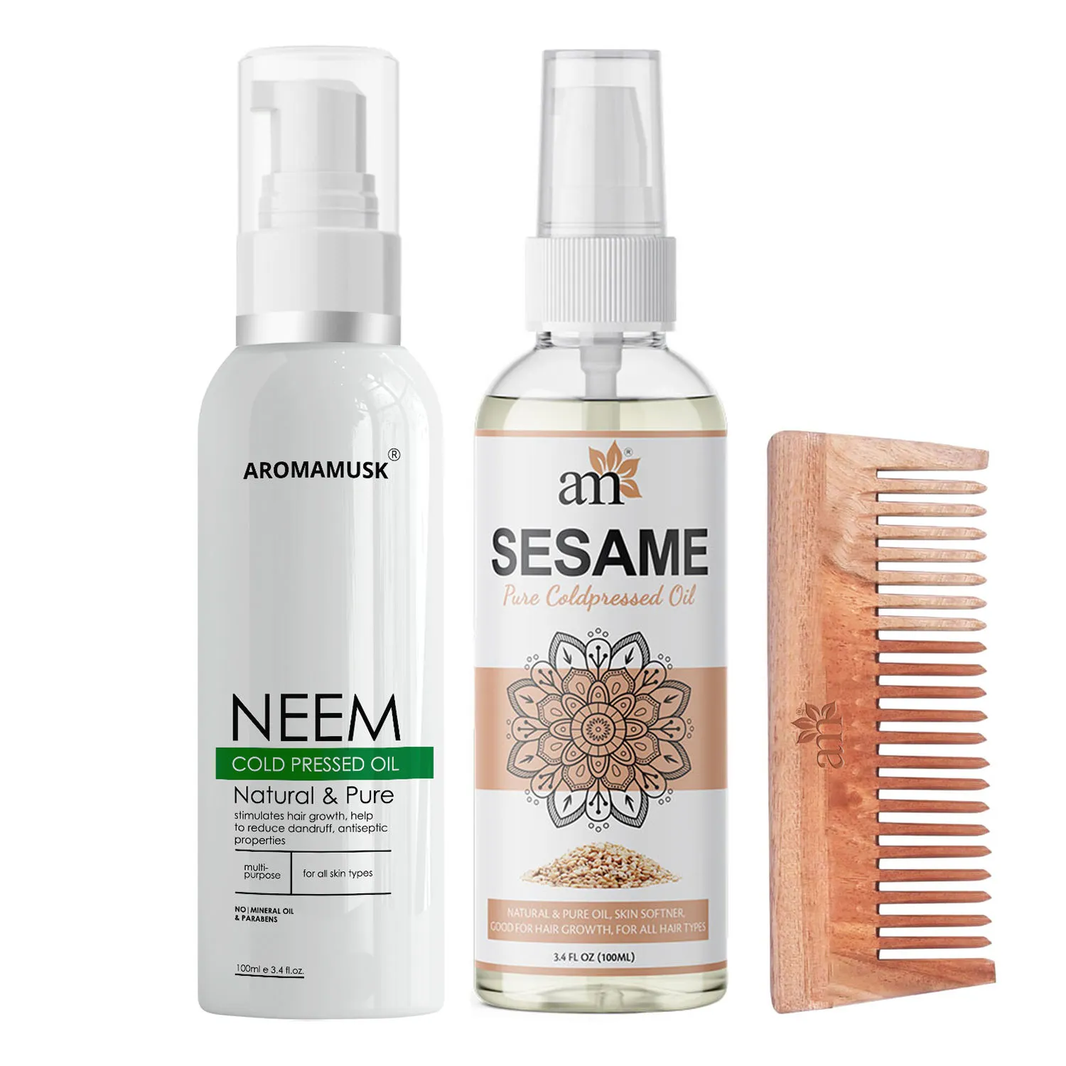 AromaMusk Organic 100% Pure Cold Pressed Neem & Sesame Oil with Wide Tooth Neem Wood Comb