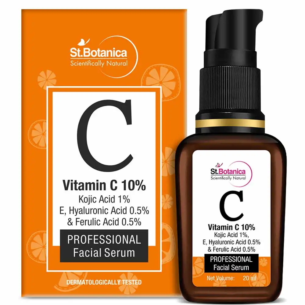 St.Botanica C Vitamin C 10%, Kojic Acid 1%, E, Hyaluronic Acid 0.5 % & Ferulic Acid 0.5% Professional Facial Serum,  20 ml  for All Skin Type