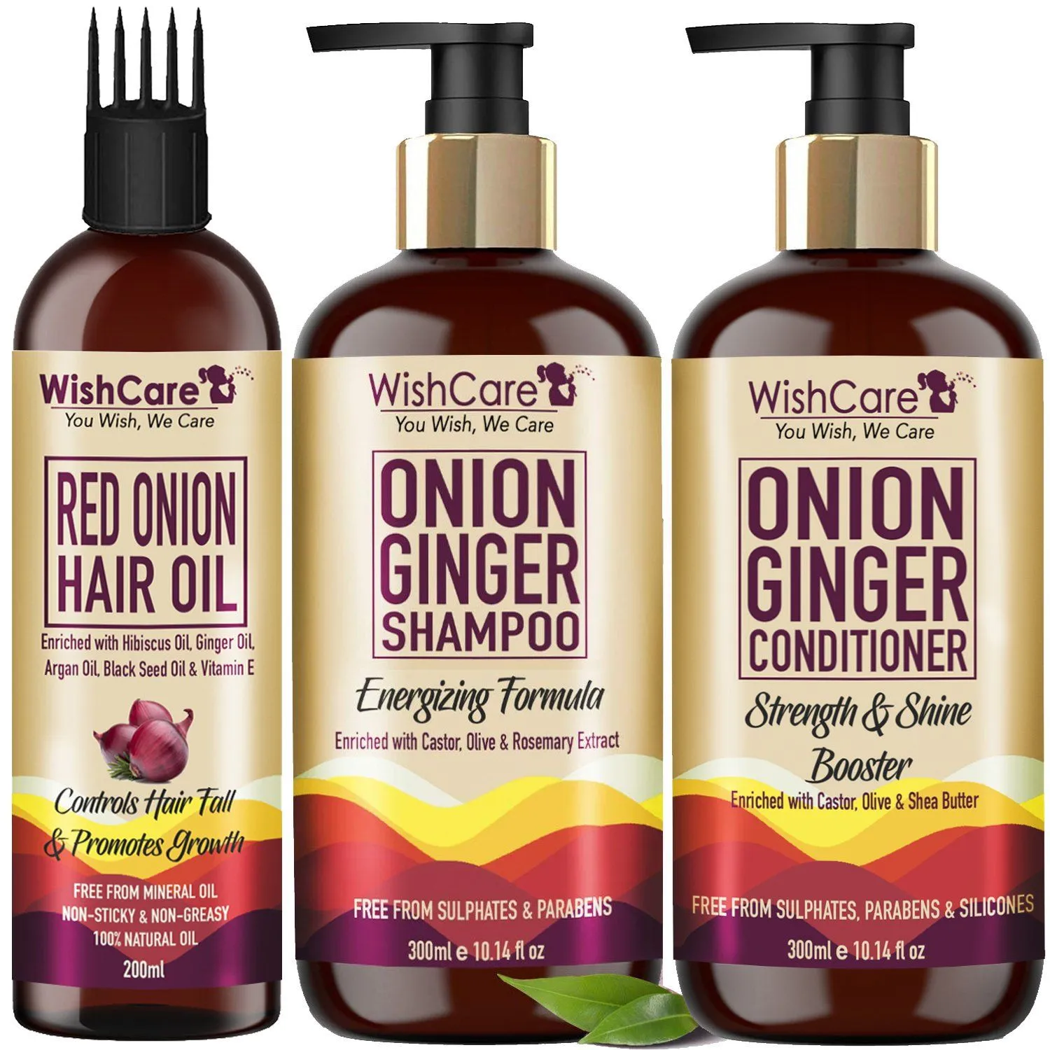 WishCare Onion Ginger Hair Kit-Onion Shampoo, Conditioner & Hair Growth Oil-Paraben & Sulphate Free