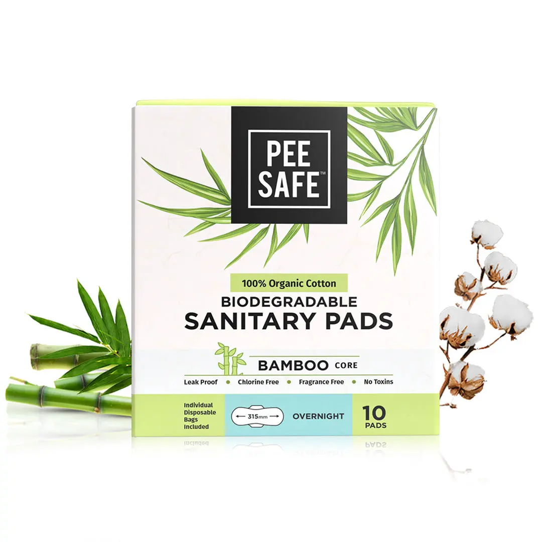 Pee Safe 100% Organic Cotton, Biodegradable Sanitary Pads - Overnight (Pack of 10)
