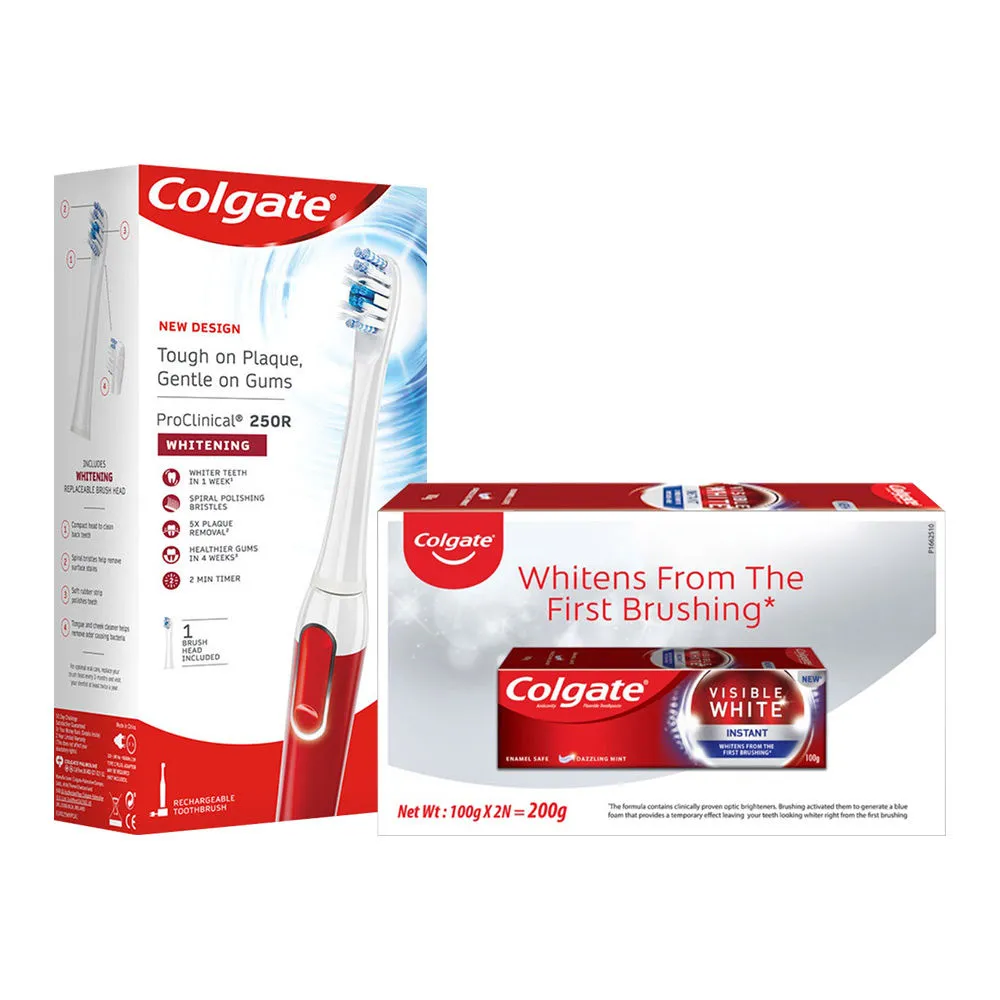 Colgate ProClinical 250R Whitening Electric Toothbrush and Visible White Instant Toothpaste