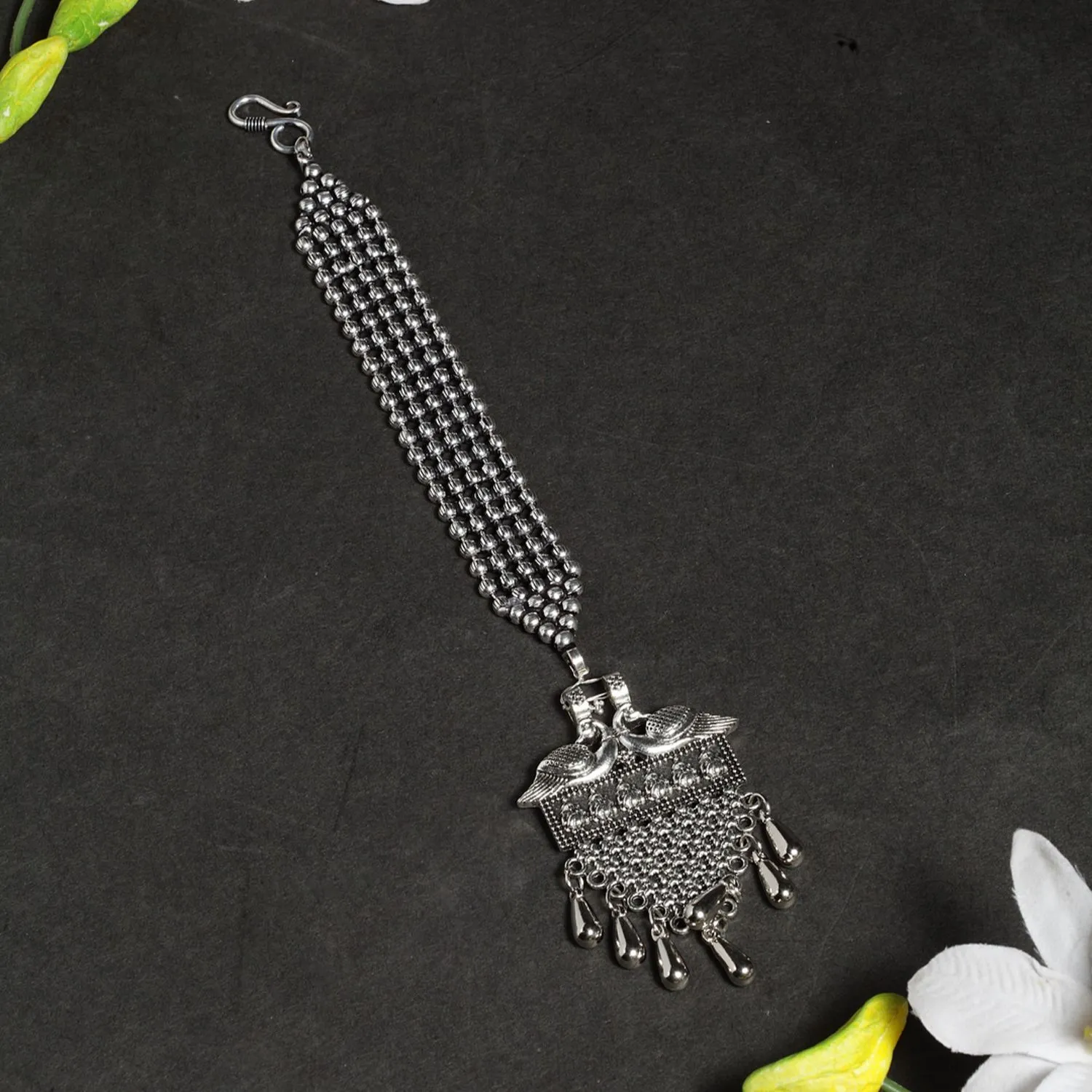 Moedbuille Oxidised Silver Plated Antique Temple Design Leheriya Textured Style Maang Tikka