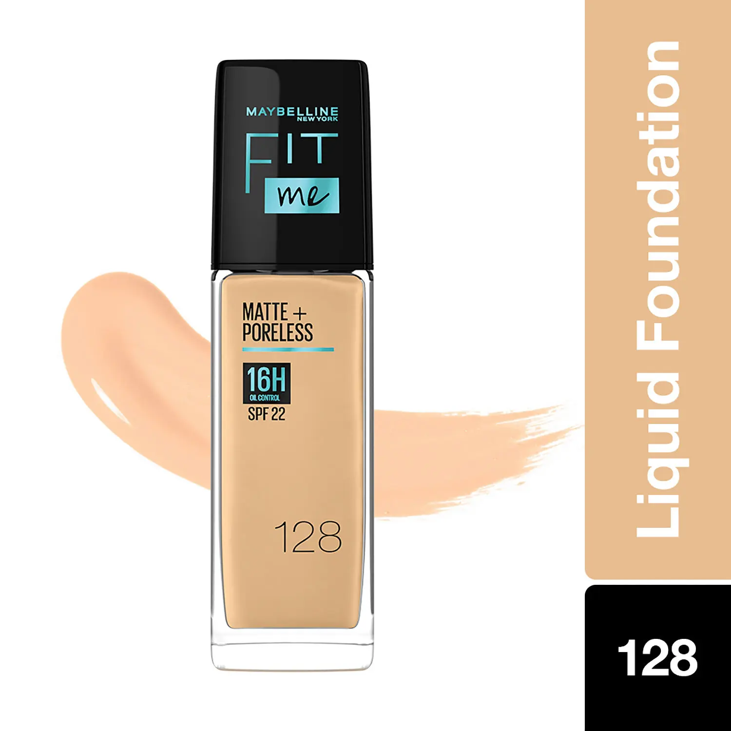 Maybelline New York Fit Me Matte+Poreless Liquid Foundation 16H Oil Control  - 128 Warm Nude, 30 ml