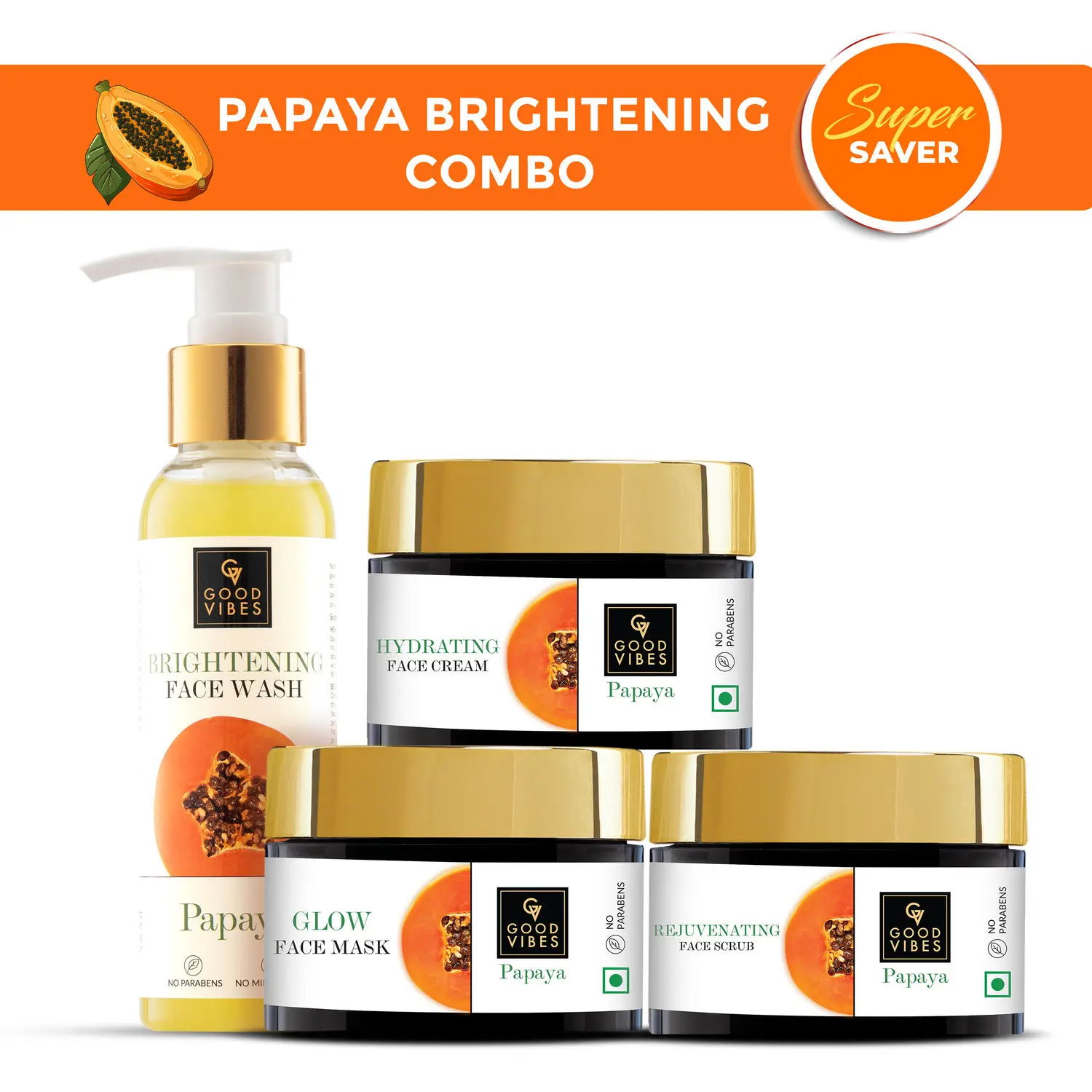 Good Vibes Brightening Papaya Combo (Facewash (200ml), Face cream(50g), Scrub(50g), Mask(50))