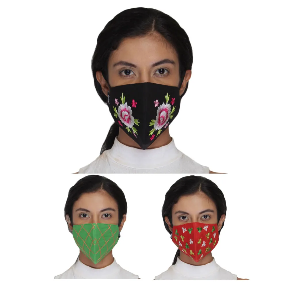 Anekaant Pack Of 3 Multicolor 3-Ply Reusable Cotton Embroidered Fabric Fashion Mask