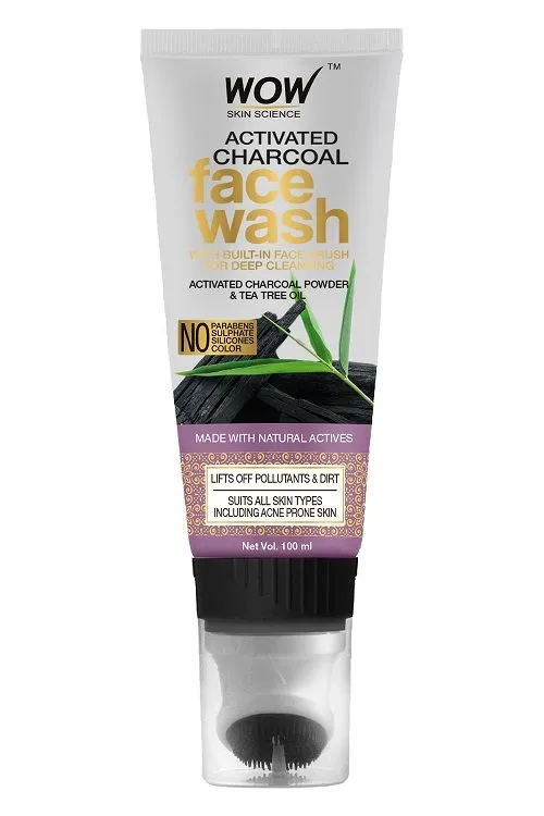 Wow Skin Science Activated Charcoal Face Wash Gel Tube With Built in Face Brush