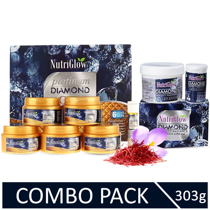 NutriGlow Platinum, Diamond & Gold Facial Kit (260 gm) & Bleach Cream (43 gm) For Radiant Glowing Skin