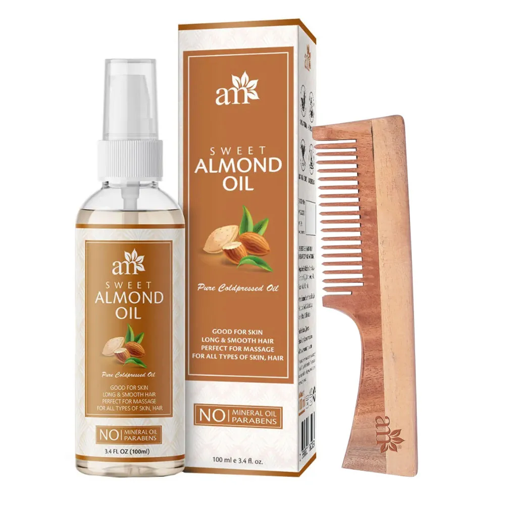 AromaMusk Cold Pressed Sweet Almond Oil & Neem Wood Comb with Handle