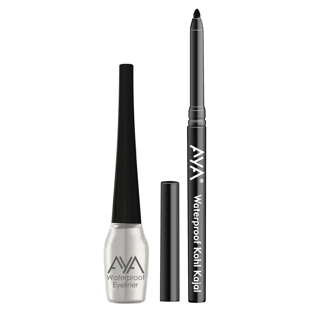 AYA Waterproof Liquid Eyeliner, Silver + Jet black Waterproof Kohl Kajal