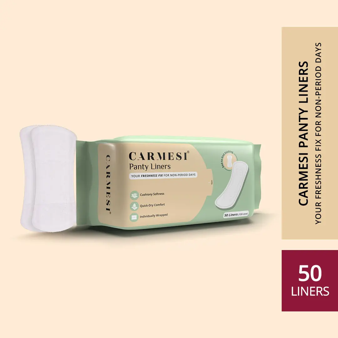 Carmesi Panty Liners | Cushiony Soft | Protect against Spotting & Light Discharge | End-To-End Sticking | Keep You Fresh & Dry All-Day Long | Non-Toxic & Unscented | 50 Pieces