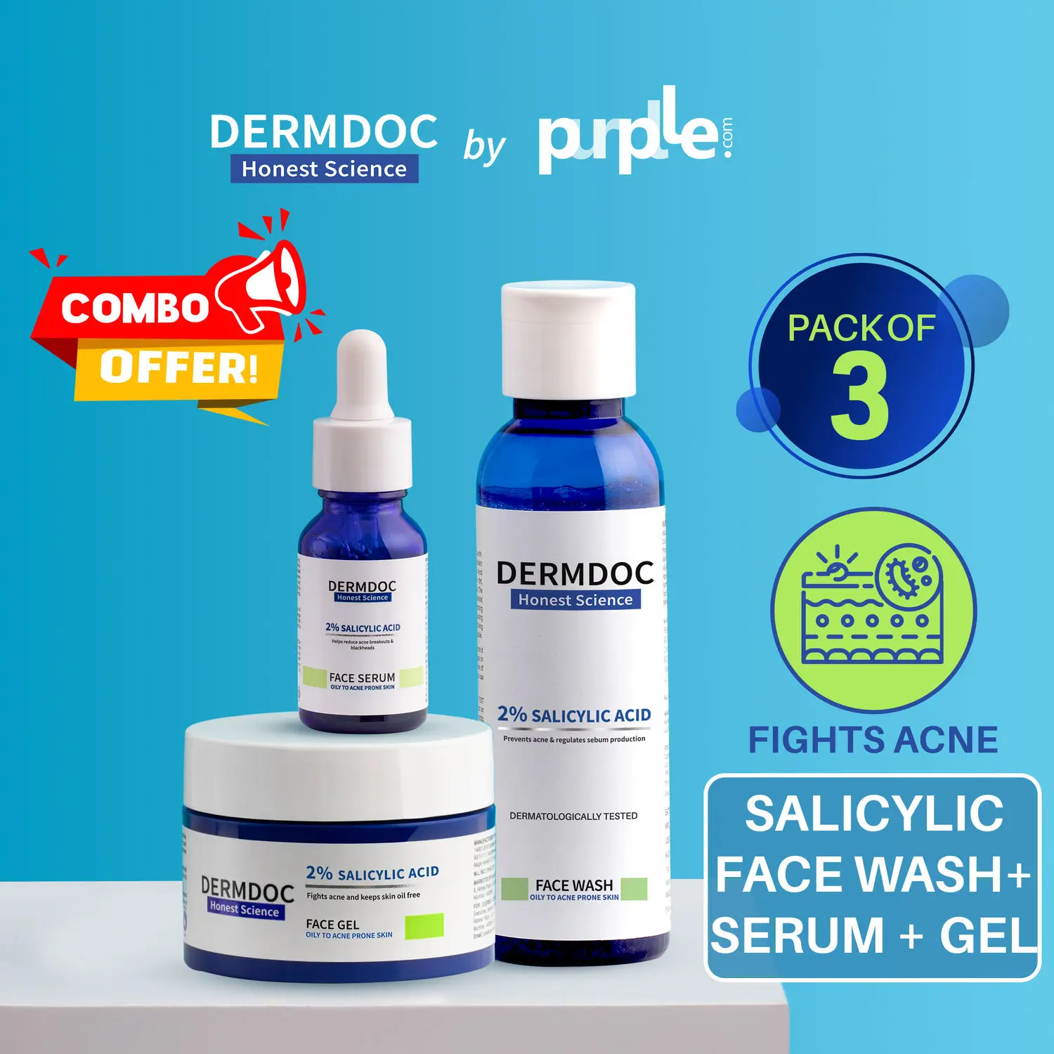 DERMDOC Combo Kit for Acne CTM Routine | salicylic acid range | salicylic acid face wash, face serum, face gel | acne prone skin routine | oily skin | whiteheads, blackheads | exfoliation skincare