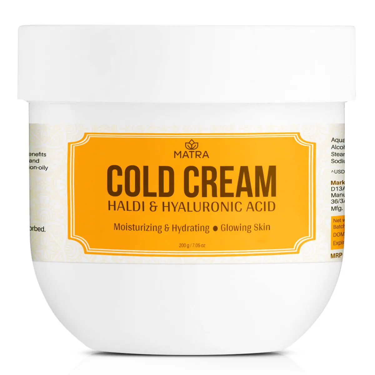 Matra Light Moisturizing Cold Cream with Haldi & Hyaluronic Acid | Non-Sticky Nourishing Cold Cream with Almond Oil & Vitamin E for winter | 24Hr Moisture Lock for Dry Skin | Paraban Free