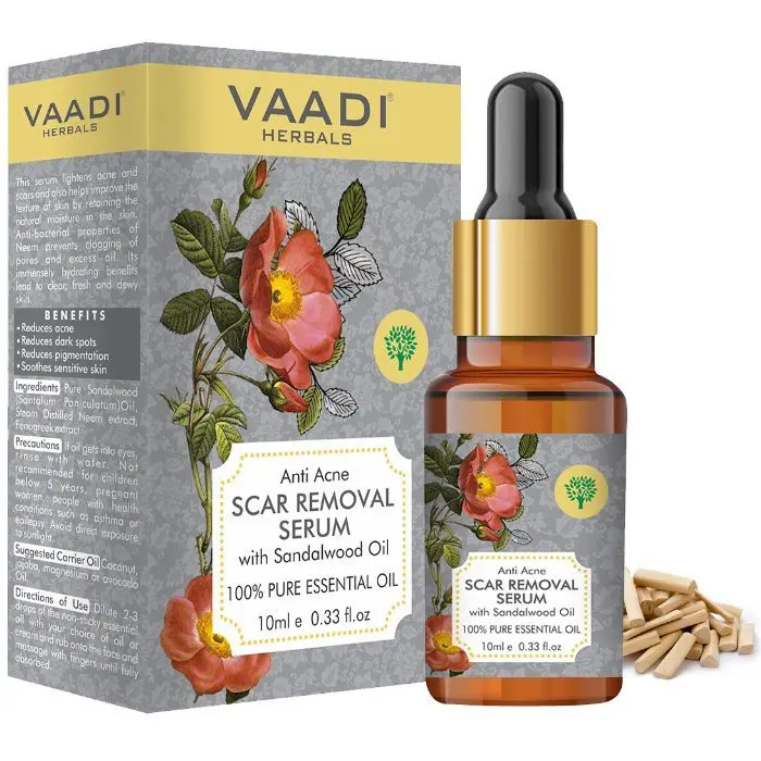 Vaadi Herbals Scar Removal Serum (Pure Mix of Sandalwood Oil, Steam Distilled Neem & Fenugreek Extract) - Reduces Acne, Dark Spots & Pigmentation