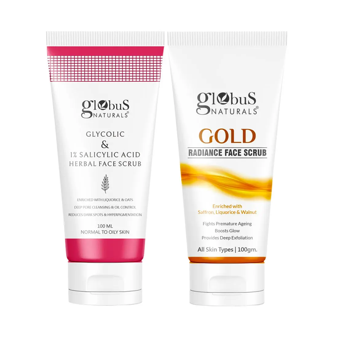 Globus Naturals Glycolic & 1% Salicylic Acid Anti-Acne & Gold Radiance Brightening Face Scrub Combo - Set of 2