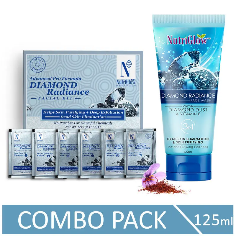 NutriGlow NATURAL'S Advanced Pro Formula Diamond Radiance Facial Kit (60 gm) & Face Wash For Dead Skin Elimination (65 ml)