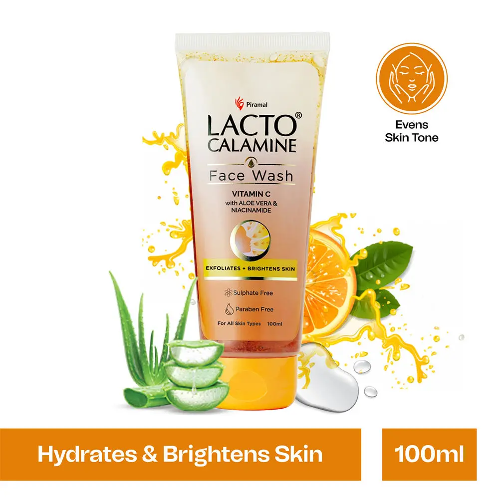 Lacto Calamine Vitamin C Face Wash with Aloe Vera & Niacinamide for bright and glowing skin. Exfoliates skin. Reduces pigmentation. No Parabens, No Sulphates - 100 ml