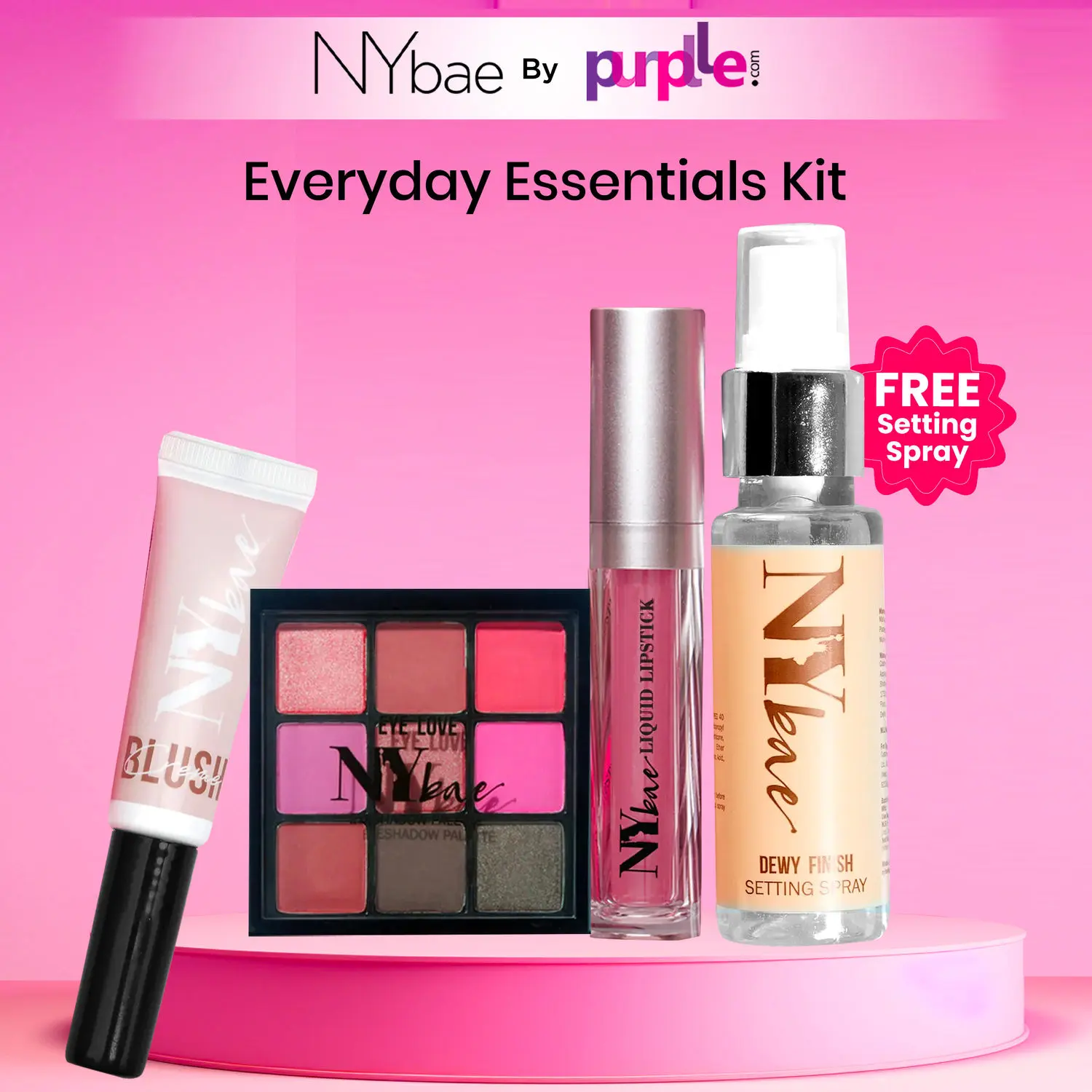 NY Bae Everyday Essentials Kit | Cream Blush | Lipstick | Eyeshadow Palette | Free Setting Spray | Pack of 4 (53.5 g)