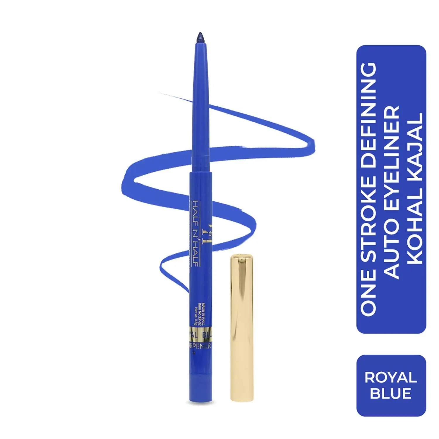 Half N Half One Stroke Defining Auto Eyeliner Kohl Kajal, smudge proof and waterproof, 18hour Long Lasting, Royal Blue (0.3g)