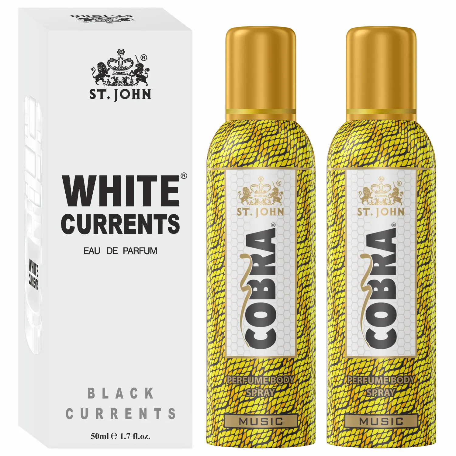 ST-JOHN Cobra Deodrant No Gas Music Pack of 2 100ml each & White Current 50ml Combo Perfume Body Spray - For Men & Women (250 ml, Pack of 3)