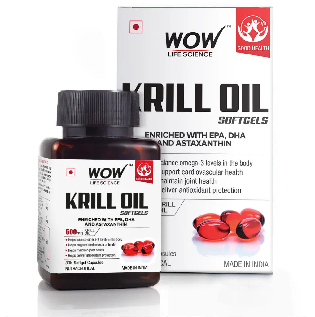 WOW Life Science Krill Oil Capsules - Enriched with EPA, DHA & Astaxanthin - 500mg Krill Oil - 30 Softgel Capsules